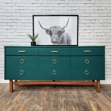 Available!! Emerald Green and Walnut base Midcentury Modern Dresser / Buffet / tv stand 