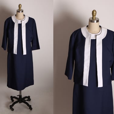 Late 1960s Early 1970s Navy Blue and White Sleeveless Shift Dress with Matching Open Front Jacket Two Piece Outfit by Jean Lang Original -L 