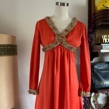 Vintage 60s Mod Coral Hostess Dress Satin with Colorful Floral Beaded Silver Trim Waistline; 60s Evening Wear Dress; 60s Cocktail Dress XXS 