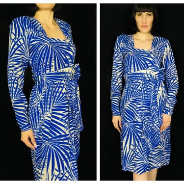 Vintage 1980's SAINT LAURENT Palm Leaf Print Silk Dress - size Medium 