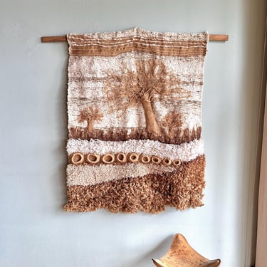 1970s large 3'x4' woven wall hanging featuring a tree landscape / vintage hippie boho handmade natural fiber tapestry 