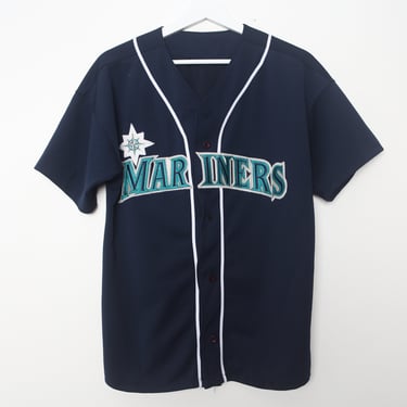 Vintage Seattle MARINERS Baseball jersey NAVY button up short sleeve 90s baseball--- 