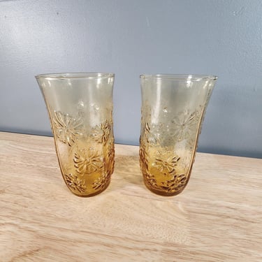 Set of 2 Anchor Hocking Spring Song Amber Drinking Glasses 