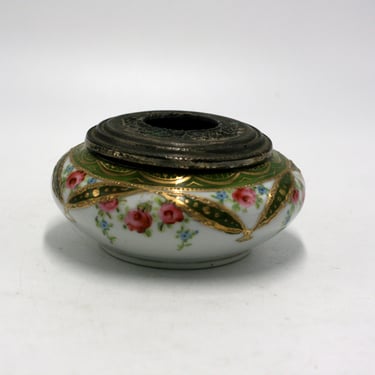 vintage Victorian Hand Painted Nippon Hair Receiver with Silver Plate Lid 