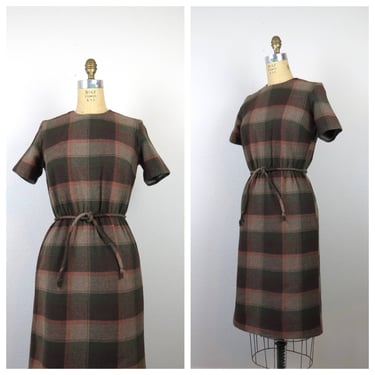 Vintage 1960 plaid dress wool day dress sheath dark academia shadow plaid 