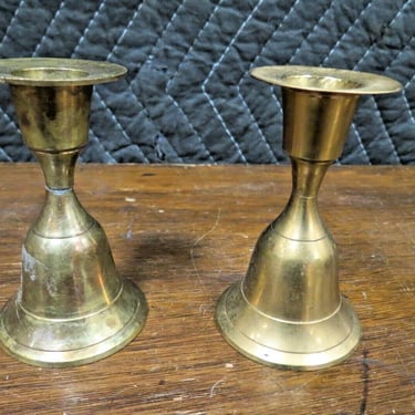 2 Vintage Brass Ringing Bell Candlestick Candle Holders 3.5