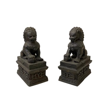 Pair Vintage Iron Metal Finish Rustic Fengshui Foo Dog Lions Display Figure ws3484E 