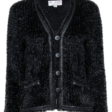 St. John - Black Sparkly Tinsel Snap & Button-Up Wool Blend Knit Jacket Sz S