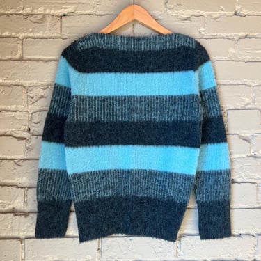 Small, Vintage 1950s 1960s Shaggy Striped Boat Neck Sweater, Blue, Womens 