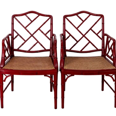 Pair of Red Chinese Chippendale Style Faux Bamboo Armchairs