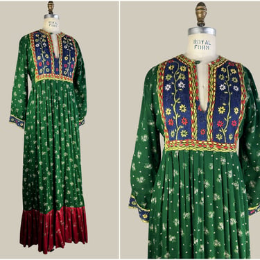 NICE FOLK Vintage 70s Afghan Hazaragi Dress | 1970s Green & Red Hand Embroidered Floral Maxi Dress | Hippie Folk Boho Festival | Size Medium 