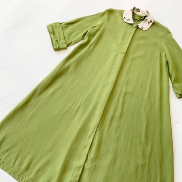 1940s Avocado Green Linen Duster with Fish Print Collar 