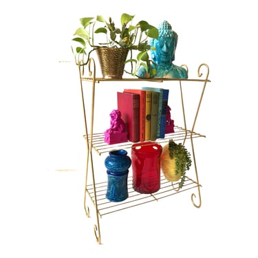 Vintage MCM Gold Metal 3-Tier Shelf | Versatile Freestanding Book Shelf | Plant Stand | Storage | Custom Color Available! 