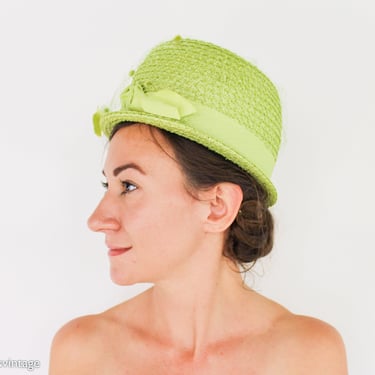 1960s Green Straw Hat | 60s Lime Green High Crown Hat | Jackie O | Jean Sutton 