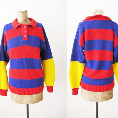 90s Rugby Stripe Knit Sweater S - Vintage 1990s Colorblock Collared Pullover Sweater Red Purple Yellow 