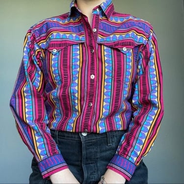 Vintage Rodeo Western Wear Colorful Geometric Cotton Button Down Cowgirl Shirt Sz Small 