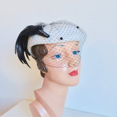 1970's White Fine Straw Beret Style Hat with Black Feather and Veil Formal Cocktail Party 70's Millinery Mr Charles 