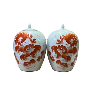Pair Oriental Ceramic White Base Orange Foo Dog Oval Jars ws2599E 