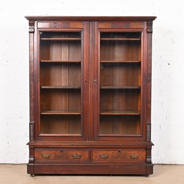 Herter Brothers Style Antique Eastlake Victorian Burled Walnut Glass Front Bookcase, Circa 1880s