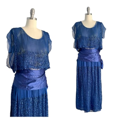 YEAR END SALE /// 20s Blue Sequin Silk Chiffon Dress / 1920s Vintage Holiday Flapper Dress 