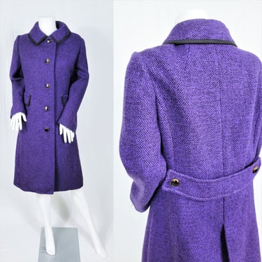 1960's Purple Tweed Wool Belted Back Coat I Sz Lrg I Overcoat 