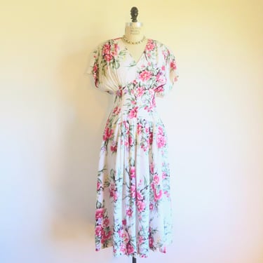 1940's Style Pink and White Rayon Floral Dress Ruched Sleeves Yoked Waist Rockabilly WW2 Era 28.5