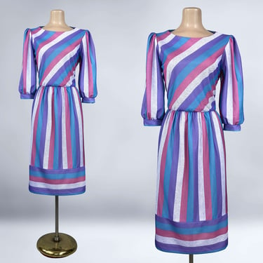 VINTAGE 70s 80s Candy Stripe Dress by Signor California  | 1970s 1980s Lantern Sleeve Colorful Midi Dress | VFG 