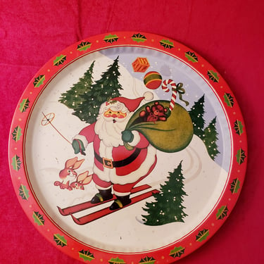 Santa Skiing Holiday serving tray vintage metal decorative trays 13 inch platter 