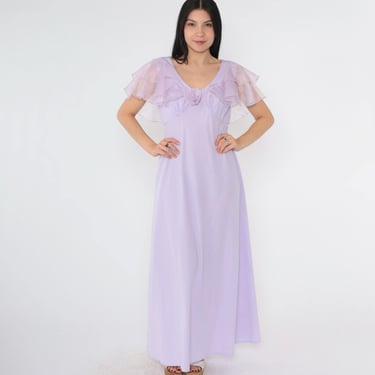 Vintage 70s Lavender Party Dress Lavender Organza Flutter Sleeve Grecian Maxi 1970s Boho Empire Waist Gown Open Back Formal A-line Small S 