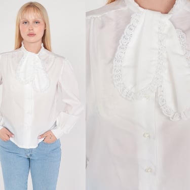 80s Ascot Blouse White Lace Trim Neck Tie Top High Neck Button up Shirt Semi-Sheer Retro Secretary Tuxedo Long Sleeve Vintage 1980s Large L 