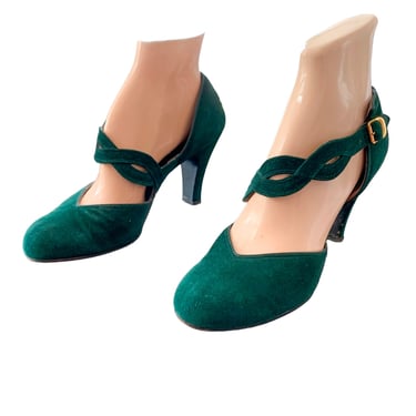 40s Dark Green Suede Strap Heels / 1940s Vintage Ankle Strap Pumps / Size 7 