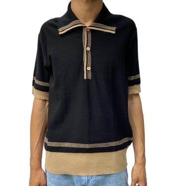 1970S Balmain Black  Brown Cotton Knit Mens Rat Pack Nautical Polo Shirt 