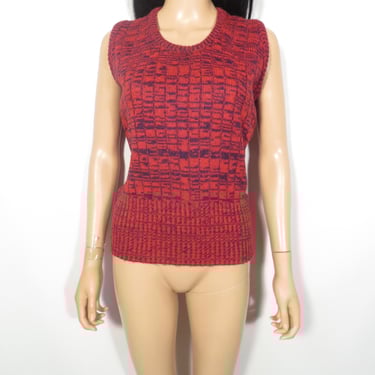 Vintage 70s Red And Purple Unisex Space Dyed Marbled Knit Ribbed Sweater Vest Size M 