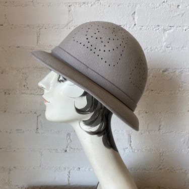 1970s neiman marcus dove gray wool felt hat with perforated stars, flapper style 