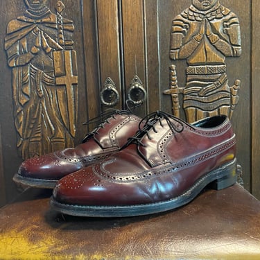Wingtip Brogues • 1970s • Longwing Bluchers • 10E Mens • Wide • Burgundy  Leather • Welted Soles • Full Brogue • Wing Tips • Florsheim Shoes 