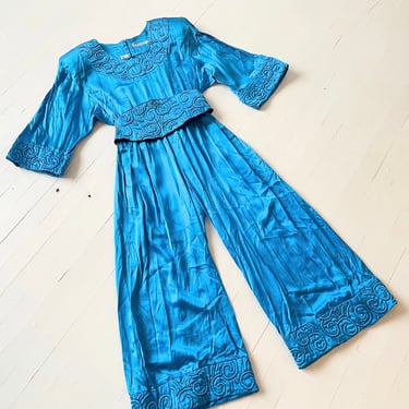 Vintage Bright Blue Silk Satin Trapunto Jumpsuit 