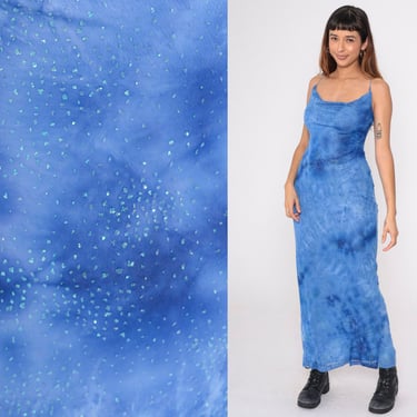 90s Party Dress Blue Sparkly Tie Dye Maxi Spaghetti Strap Dress Cowl Neck Glitter Long Cocktail Prom Mermaid Clinging Strappy Sparkle Medium 