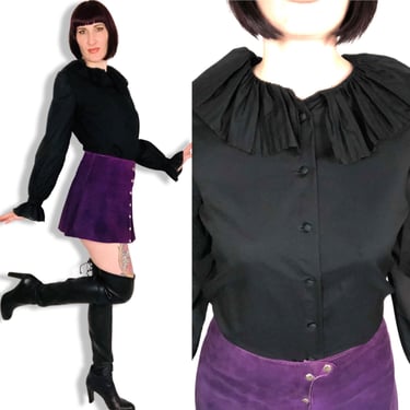 Vintage 1970's Sexy Pirate Black Ruffled Poet Sleeve Blouse - size Large XL 