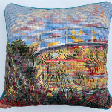 Hand Stitched Impressionism Needlepoint Pillow With Velvet Backing, Abstract Nature Design, Fence, Pastel Sky, Shrubs And Flowers Foreground 