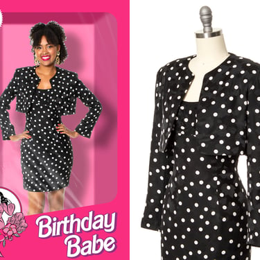 Vintage 1980s Dress Set | 80s AJ BARI Silk Polka Dot Wiggle Sundress Matching Cropped Bolero Jacket Barbie Outfit (x-small/small) 