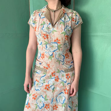 1930s Deco Floral Cotton Day Dress 