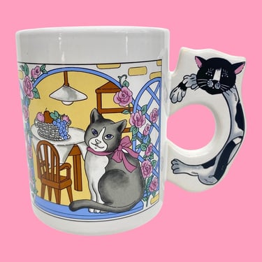 Vintage Cat Mug Retro 1980s Cottage Core + White Porcelain + Cat Handle + Kitchen Scene with Roses + Coffee or Tea + Tabby Cat + Cat Lover 