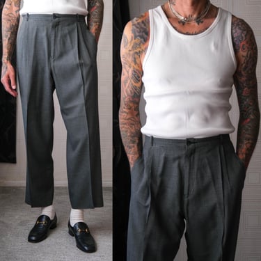 Vintage 80s ANDREW FEZZA Black & Navy Cream Micro Windowpane High Double Pleated Waist Slacks | Size 34x30 | 1980s Designer Mens Pants 
