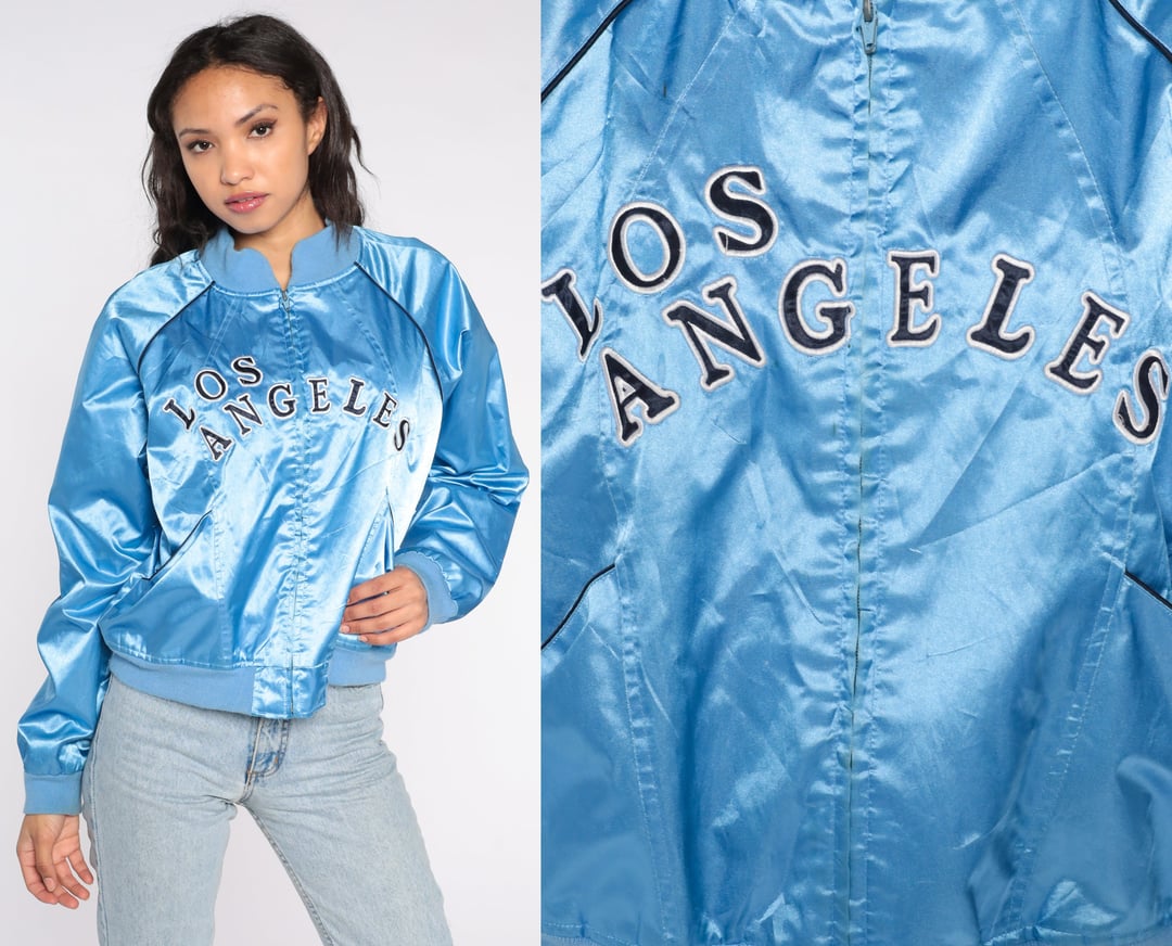 Los Angeles Jacket Y2k Baby Blue Satin Bomber Jacket Shop Exile