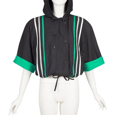 Complice by Claude Montana 1983 S/S Runway Vintage Striped Black Cotton Hooded Bomber Jacket 