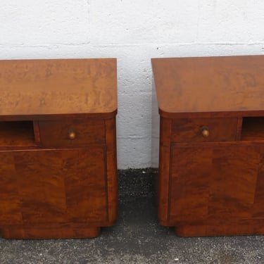 French Deco Early 1900s Burlwood Nightstands Side End Bedside Tables a Pair 5171