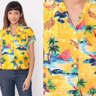 90s Tropical Shirt Treasure Island Palm Tree Print Sailboat Hawaiian Blouse Bright Yellow Button Up Shirt 1990s Beach Vacation Small 
