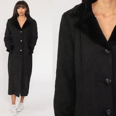 Black Faux Suede Coat Faux Fur Jacket 90s Fake Fur Coat Vegan Winter Vintage Bohemian Glam Jacket 1990s Boho Long Winter Coat Medium 