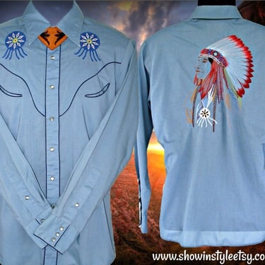 Kennington Rocking K Vintage Western Men's Cowboy Shirt, Native American Indian Chief Embroidery, Tag Size Large (see meas. photo) 