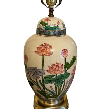 Great vintage lotus flower table lamp with brass ming base 